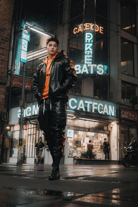 handsome male,big muscle,outfits,neon light,cityscape.reflection on the ground, <lora:urbantechwear:0.7:CLOTHING> urban techwear,orange,<lora:muscle_slider_v1:1.5>,