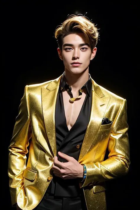 Gold_hair,handsome male, Gold body painting, (Gold blazer:1.2),black background,