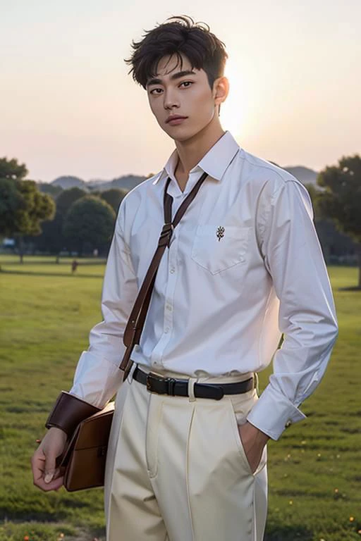 (masterpiece,best quality,ultra high res:1.2),(photo-realistic:1.3) student, boy, high school uniform, white shirt, cream long pant, cowboy_shot, outdoor background, OverallDetail