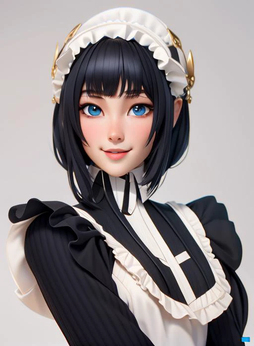 (Masterpiece: 1.5), (Best Quality: 1.5),3DMM,3D,1girl, solo, closed mouth,long hair, solo, black hair, maid, maid headdress, bangs, blue eyes, apron, upper body, ribbon, blunt bangs, frills, bob cut, grey background, lips, simple background,grey background...