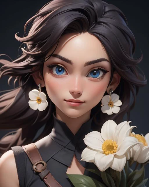 (Masterpiece: 1.5), (Best Quality: 1.5), High Resolution, Highly Detailed, 3DMM,1 Girl, Solo, Earrings, Jewelry, Flower, Perfect Face, Perfect Eyes, Low Contrast,