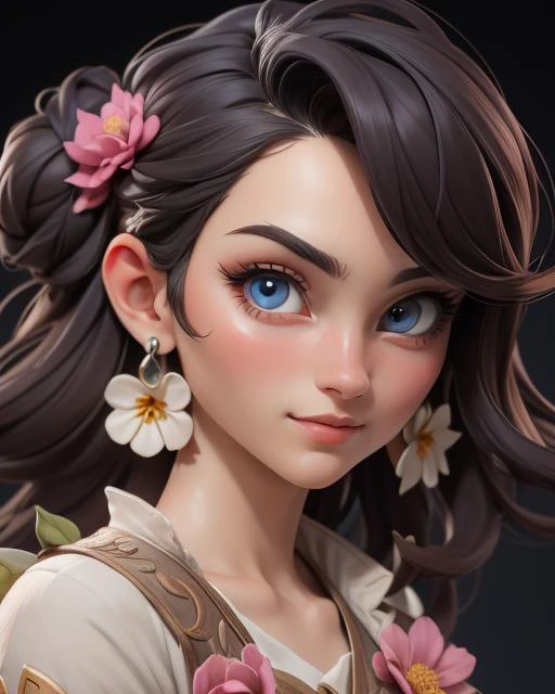 (Masterpiece: 1.5), (Best Quality: 1.5), High Resolution, Highly Detailed, 3DMM,1 Girl, Solo, Earrings, Jewelry, Flower, Perfect Face, Perfect Eyes, Low Contrast,