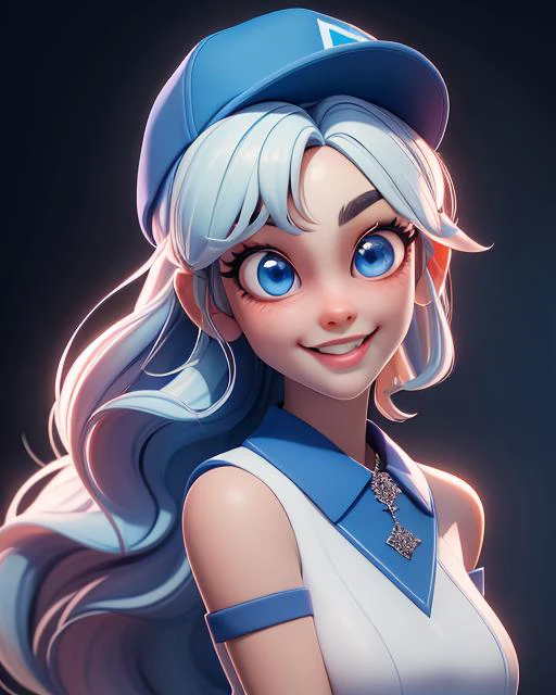 (masterpiece:1.5), (best quality:1.5), highres, highly detailed,3dmm,1girl, big blue eyes, long blue hair, white baseball cap, smiling, looking at viewer, cute and girly(idolmaster), 3d rendering, octane rendering, subsurface scattering skin, soft bright l...