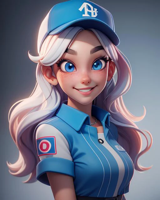 (masterpiece:1.5), (best quality:1.5), highres, highly detailed,3dmm,1girl, big blue eyes, long blue hair, white baseball cap, smiling, looking at viewer, cute and girly(idolmaster), 3d rendering, octane rendering, subsurface scattering skin, soft bright l...