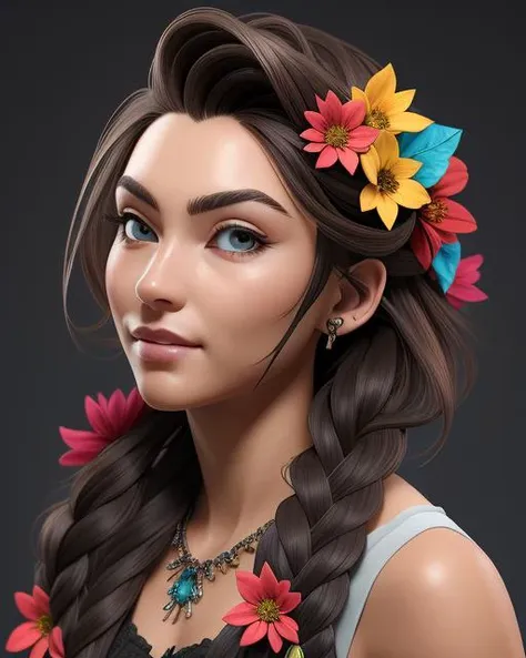 (Masterpiece: 1.5), (Best Quality: 1.5), High Resolution, High Detail, 3DXR, 3DMM,1 Girl, Long Hair, Hair Accessory, Multicolored Hair, Flower, Hair Flower, Braid,, Jewelry, Bracelet, Solo, Simple Background, Skin Highlight, Sharpen, Clear