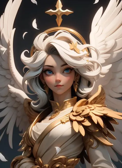 masterpiece,best quality,3dmm style,A holy angel with glod hair, golden clothes, white feather wings, halo, petals falling, bust, exquisite face, (perfect eyes:1.1)