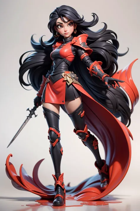 3dmm style,(masterpiece, best quality:1.3),1girl,weapon,long hair,black hair,white background,solo,arm guards,looking at viewer,black eyes,tabi,floating hair,full body,blood on face,red armor,fractal art,abstract background,ink wash painting,