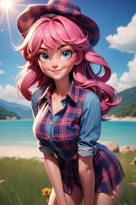 3dmm,masterpiece, high quality best quality,1girl, bangs, beach, blue_sky, blush, bow, breasts, checkered, checkered_shirt, checkered_skirt, cloud, cloudy_sky, collarbone, day, envelope, giving, grass, hair_bow, heart, holding, holding_letter, horizon, inc...