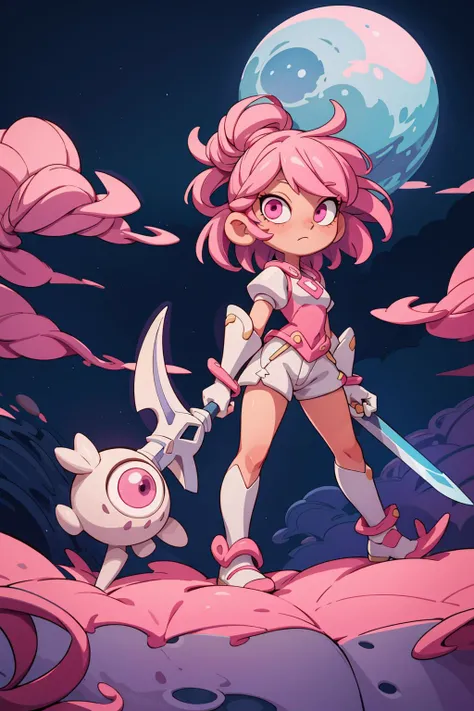 ((best quality, masterpiece)), ((style-swirlmagic):0.3)
1girl, white and pink armor, white short hair, moon light , ((full moon):0.5), sword, pink eyes,  outdoor, clouds on background,fantasy, medieval, castle on background
<lora:more_details:0.5> <lora:3D...