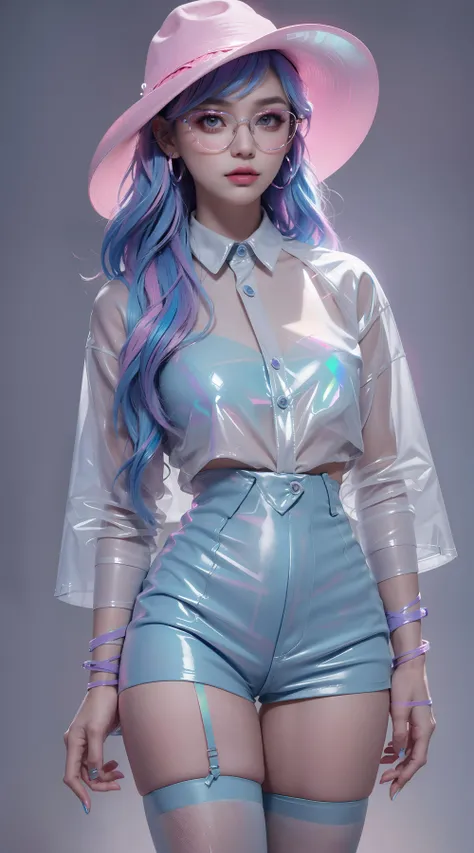 Masterpiece, exquisite, 8k, 1 girl, luminous skin, exquisite long hair, silver | pink | blue hair, exquisite makeup, lipstick, eye shadow, eyeliner, Cowboy, Transparent laser shirt, pink Cowboy hat, (laser stockings:1.2), Cyberpunk, neon light, blue purple...