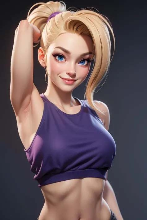 masterpiece, best quality,3d rending work ,3DMM style ,3D,1girl, solo, realistic, (simple background), makeup, perfect lighting, seductive look, seductive smile, smile, yamanaka ino, blonde hair, pony tail, blue eyes, purple clothes, sleeveless, armpits, m...