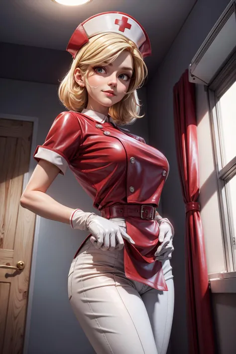 ((best quality, masterpiece)),
1girl,  looking at viewer, nurse, (red  leather nurse uniform), white pants, white gloves, nurse hat, ((hospital)),  blonde hair, soft lighting, <lora:more_details:0.5>,  <lora:3DMM_V12:1>