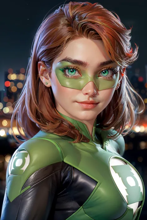 green lantern, portrait, (((1girl))), beautiful, flirtatious look, solo,  city background,  <lora:HalJordan:1>, <lora:3DMM_V12:1>