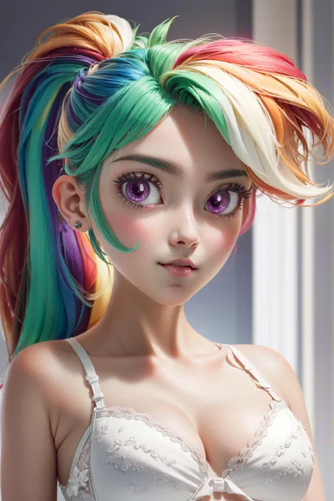 masterpiece, solo, 3dmm, portrait of (MLPDash, Rainbow Dash:1.1), (cute, adorable, sexy girl:1.2), age 19, (extreme close-up:1.2), (wearing a simple white bra:1.2), (short ponytail:1.2), (perfect pink eyes:1.1), perfect face, (mouth open slightly:1.2), in ...