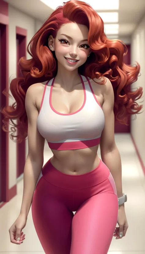 ((best quality)), ((masterpiece)), (detailed), slender young girl francescacapaldi, wavy red hair, brown eyes, (wearing a white sports bra and pink yoga pants), walking in a hallway, smiling, happy, excited, <lora:3DMM_V12:0.8>