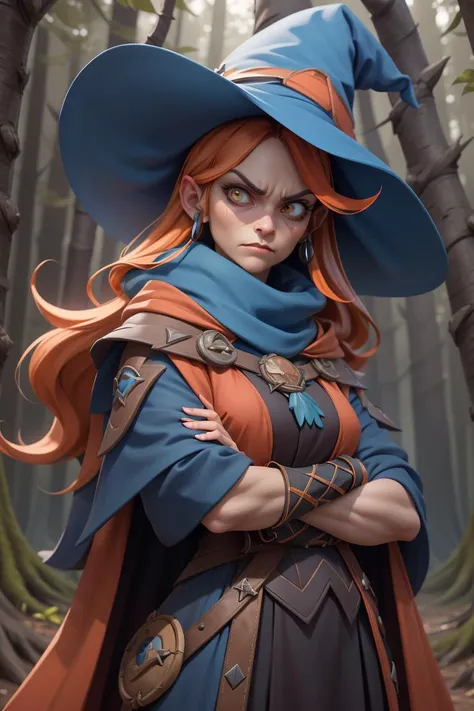 3dmm style,
(masterpiece),masterpiece, best quality, angry female witch in the forest with arms crossed wearing a blue pointy hat and orange hair and a blue cape and blue cloak