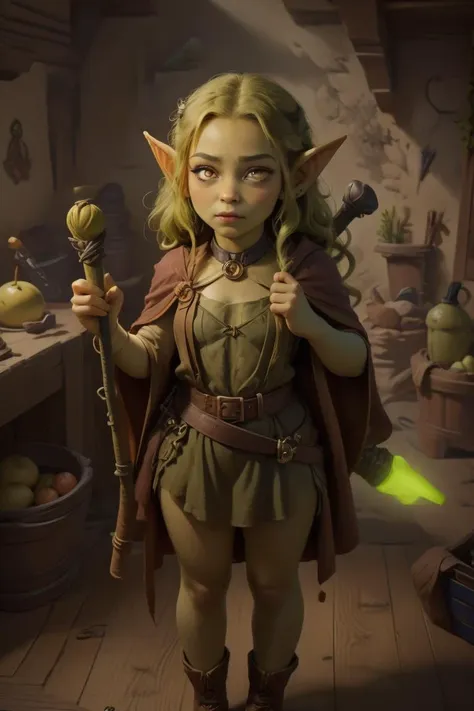 a woman in a costume holding a wand and a green light