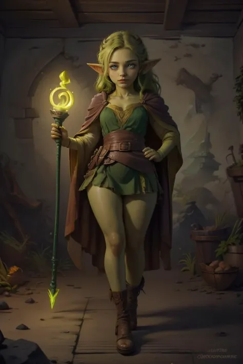 a woman in a green outfit holding a green staff and a green staff