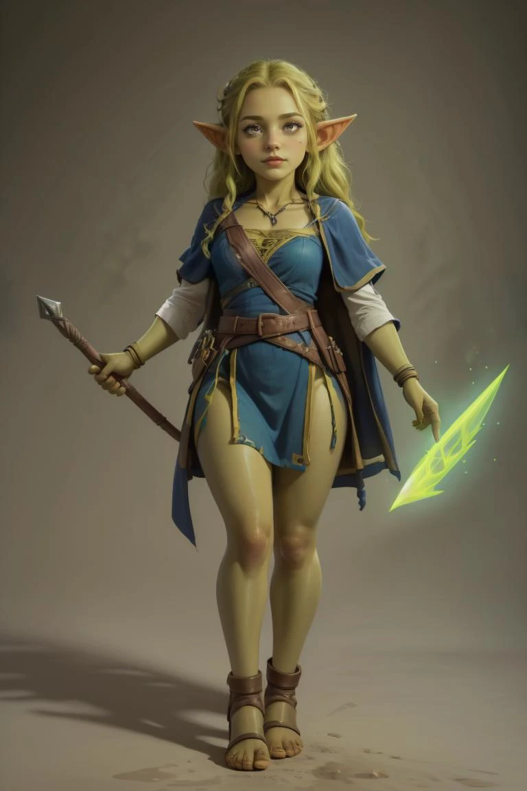 a woman in a blue dress holding a sword and a green staff