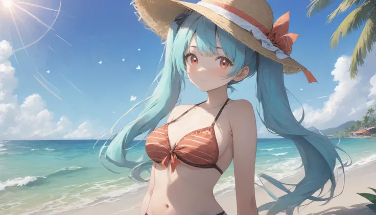 hatsune miku, red eyes, light blue hair, heart shape pupils, hearts, suki, pastel, colorful, irony, natural, beauty, bikini, medium breasts, cleavege, navel, hat, grass hat, seaside, beach, ocean, cloudy, sun, sunshine, palm tree, wave, good day, harmony, ...