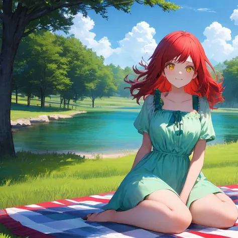 1Girl, mature, American, redhead, medium hair, yellow eyes, sitting on a picnic blanket near a lake, elegant summer dress, happy, grass, tree, lake, clouds, highest quality, highly detailed, 4K, 8K, UHD,