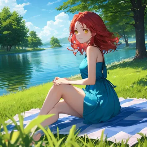 1Girl, mature, American, redhead, medium hair, yellow eyes, sitting on a picnic blanket near a lake, elegant summer dress, happy, grass, tree, lake, clouds, highest quality, highly detailed, 4K, 8K, UHD,