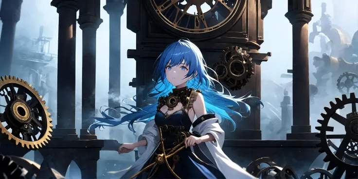 (Close-up:1.2), 1girl, solo, standing inside a fantasy clock tower, blue hair, white eyes, magician robes outfit, intricate background, (clockwork, mechanical items, many cogs:1.2), workshop, all connected, dusty floor, shadowy smoke, dim lighting, panoram...