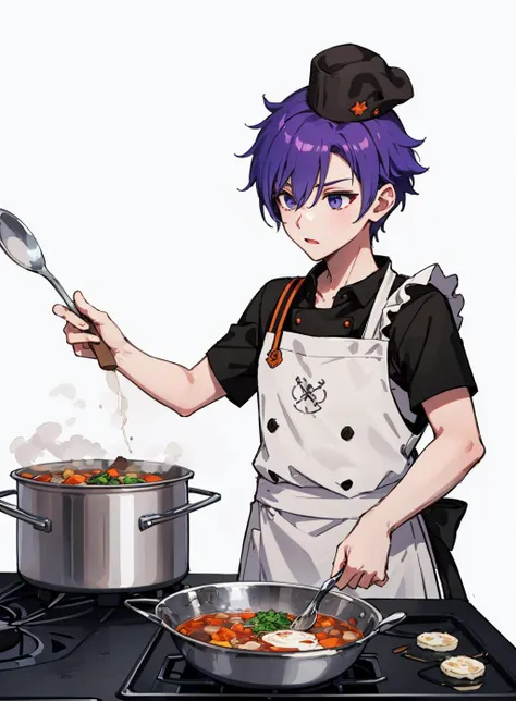 white background, (chibi:0.8), kitchen, 1boy, shezfe, chef hat, apron, rolled up sleeves, giant soup pot, cooking, holding spoon <lora:Shez-M_Fp:1>