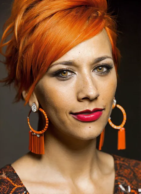 analog style, modelshoot style, portrait of sks woman by Flora Borsi, style by Flora Borsi, bold, bright colours, orange Mohawk haircut, ((Flora Borsi)), <lora:locon_rashida_v1_from_v1_64_32:1.3>