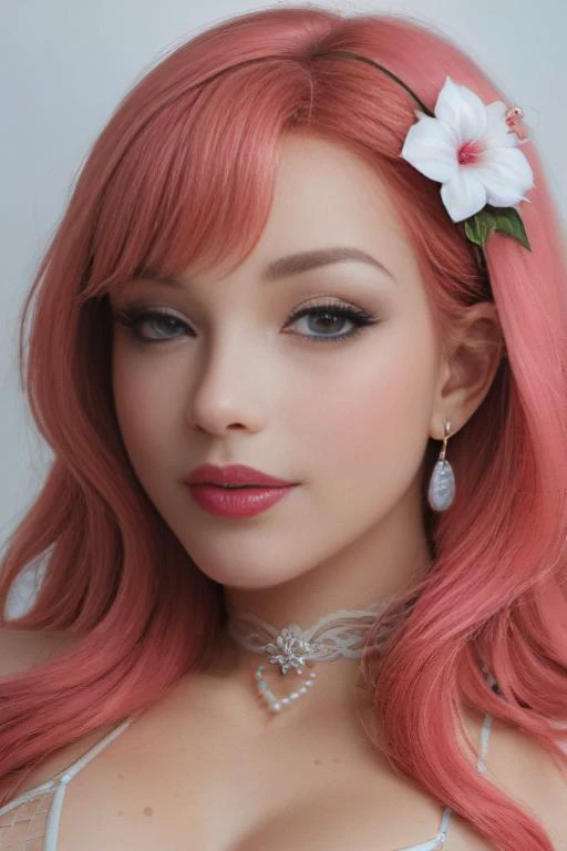 a close up of a woman with pink hair and a flower in her hair