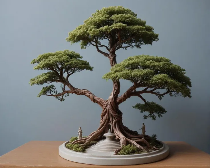 a close up of a bonsai tree on a table with a blue wall