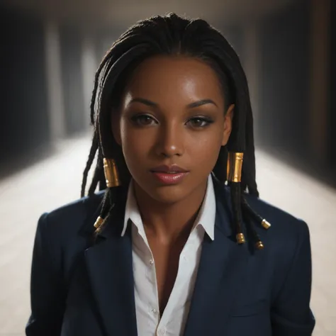 a woman with long hair wearing a blue jacket and gold earrings