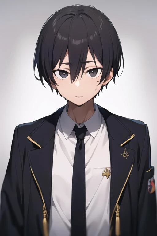 masterpiece, best quality, high quality, 1boy, solo, male focus, looking at viewer, upper body, <lora:hiroshi_yuuki:0.60>, hiroshi_yuuki, black hair, hair between eyes, black eyes, , jacket