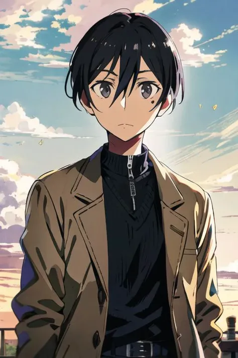 masterpiece, best quality, high quality, 1boy, solo, male focus, looking at viewer, upper body, <lora:hiroshi_yuuki:0.70>, hiroshi_yuuki, black hair, hair between eyes, black eyes, , coat