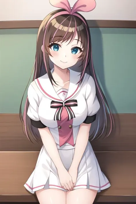 kizuna ai, 1girl, solo, seifuku, looking at viewer, smile, (waifu, anime, exceptional, best aesthetic, new, newest, best quality...