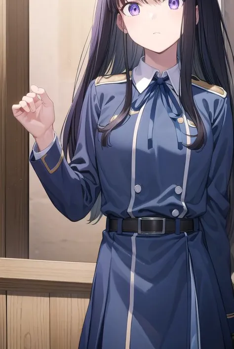 takinainoue, <lora:takinainouechickeiii-lora-nochekaiser:1>, 
inoue takina, long hair, bangs, black hair, (purple eyes:1.2),
BREAK shirt, long sleeves, dress, ribbon, school uniform, white shirt, collared shirt, belt, neck ribbon, blue dress, green ribbon,...