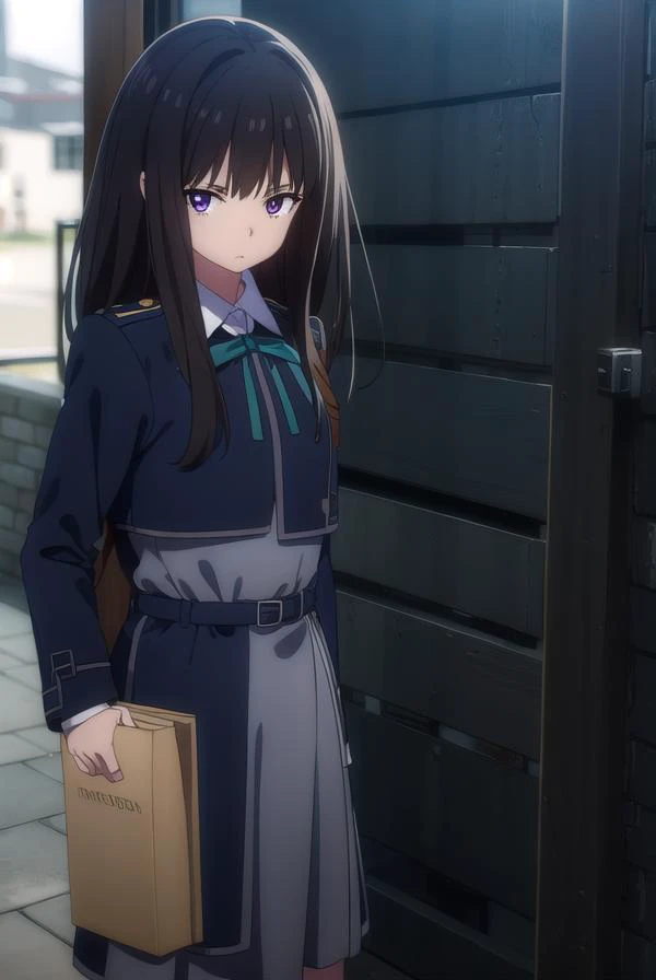 takinainoue, <lora:takinainoues1-lora-nochekaiser:1>, 
inoue takina, long hair, bangs, black hair, (purple eyes:1.2),
BREAK shirt, long sleeves, dress, ribbon, school uniform, white shirt, collared shirt, belt, neck ribbon, blue dress, green ribbon, pleate...