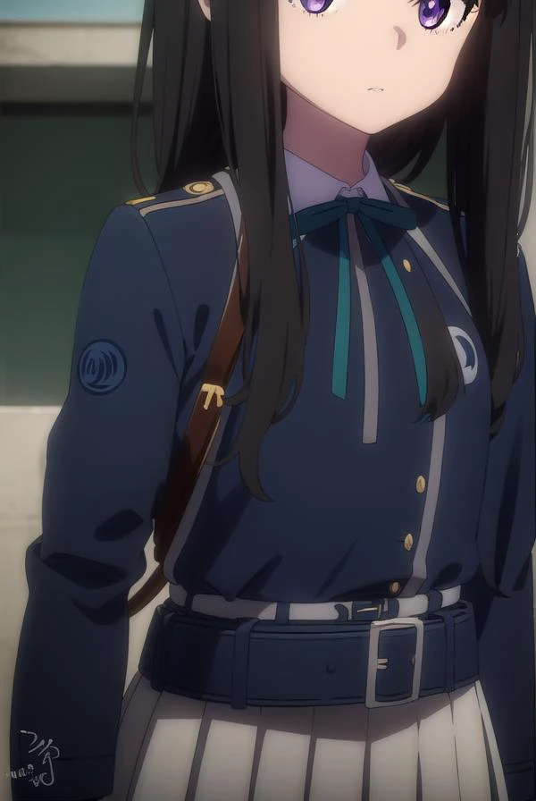 takinainoue, <lora:takinainoues1-lora-nochekaiser:1>, 
inoue takina, long hair, bangs, black hair, (purple eyes:1.2),
BREAK shirt, long sleeves, dress, ribbon, school uniform, white shirt, collared shirt, belt, neck ribbon, blue dress, green ribbon, pleate...