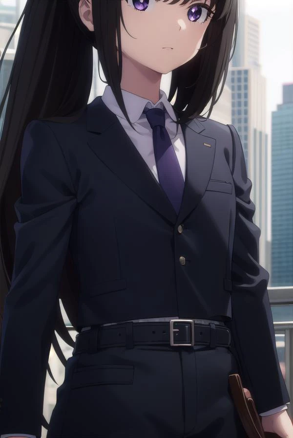 takinainoue, <lora:takinainoues1-lora-nochekaiser:1>, 
inoue takina, long hair, bangs, ponytail, black hair, (purple eyes:1.2),
BREAK gloves, long sleeves, jacket, necktie, black gloves, collared shirt, belt, pants, vest, black jacket, black pants, formal,...