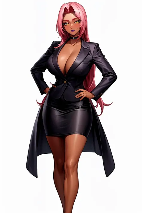 ( 1girl, solo), mature female, dark skinned female, pink hair, long hair, hair intakes, lipstick, purple lips, makeup, yellow eyes, mole under mouth,
huge breasts, narrow waists, wide hips, 
black skirt suit, pencil skirt, miniskirt, high heels, collarbone...