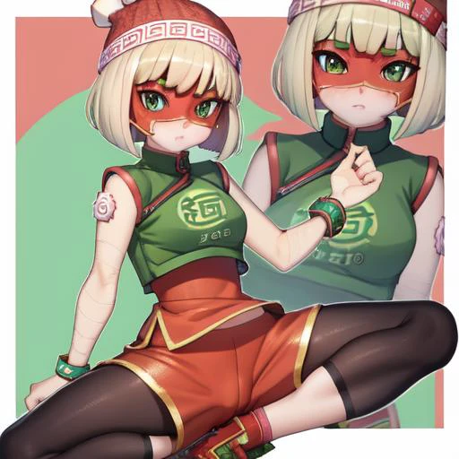 <lyco:anime girl - Min Min:1.0>, Min_Min, shiny skin, mask, beanie, blush, short hair, chinese clothes, leggings, shorts, green eyes, sleeveless