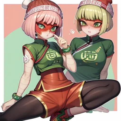 <lyco:anime girl - Min Min:1.0>, Min_Min, shiny skin, mask, beanie, blush, short hair, chinese clothes, leggings, shorts, green eyes