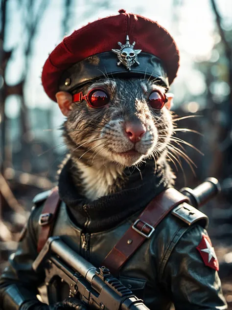 Dystopian style portrait, surrealistic, (bokeh:1.1), dof, awe-inspiring, majestic, overwhelming, threatening humanoid rat wearing (beret, fascist military:1.3) metal sci-fi bulky (leather and mecha armour:1.1) and sunglasses with (red beret:1.05) is holdin...