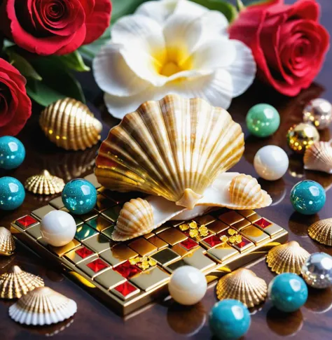 castle, flowers, Bling, gold, HD, Photo, Seashell, Cards, in Marbles, Puzzle, Toy, table