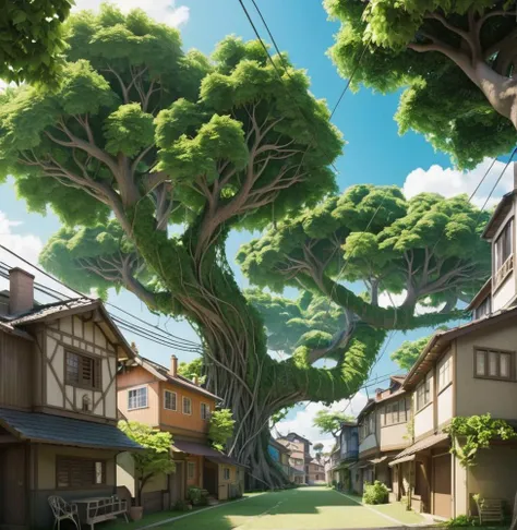 Immense tree city, houses in branches, residents swinging on vines, reminiscent of nature-centric anime.