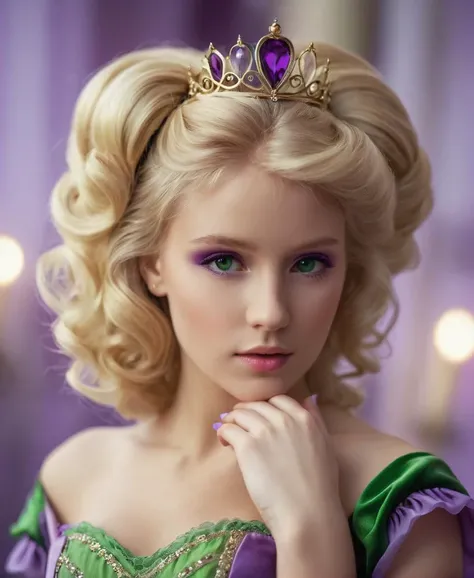 fantasy princess, hair blonde , photo, 8k, hair green, dress violet