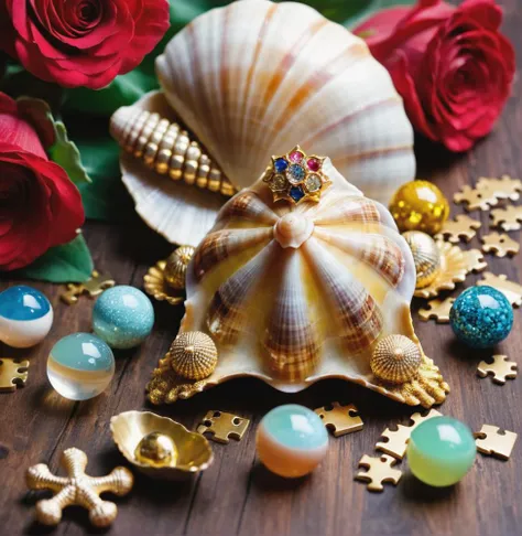 castle, flowers, Bling, gold, HD, Photo, Seashell, Cards, in Marbles, Puzzle, Toy, table