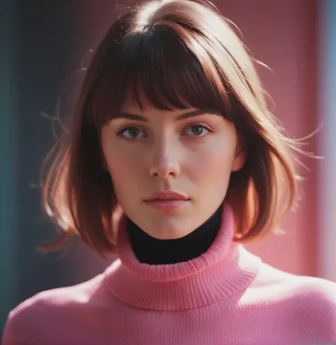 A stunning intricate full color portrait of (sks woman:1), wearing a pink turtleneck, epic character composition, by ilya kuvshinov, alessio albi, nina masic, sharp focus, natural lighting, subsurface scattering, f2, 35mm, film grain,