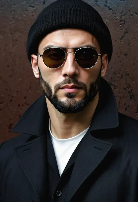 (Léon:2.1),( 1994 movie:1.1), hitman, dark glasses, round sunglasses, beanie, portrait, short beard, black wool over coat, white under shirt, (( Dark colors, intricate details, realistic style, tar paintings, dark paintings, digital illustrations, mixed me...