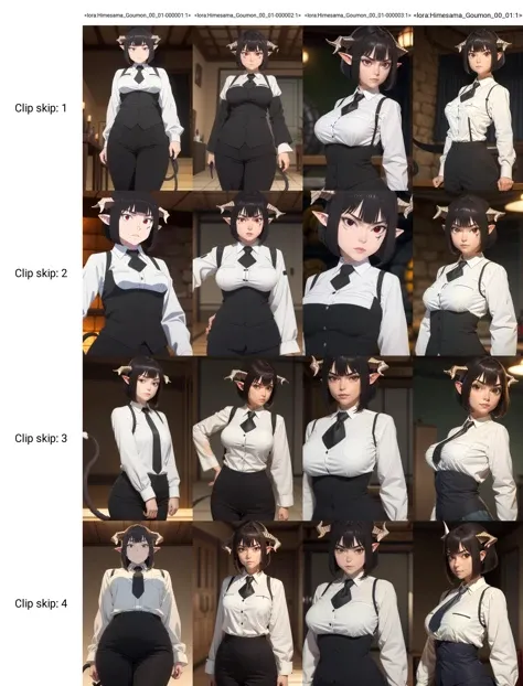 (masterpiece), (best quality), (detailed background, best lighting), ultra-detailed, highly detailed, gummn, black hair, (tail), bangs, short hair, pointy ears, horns, red eyes, shirt, white shirt, collared shirt, looking at viewer, long sleeves, necktie, ...